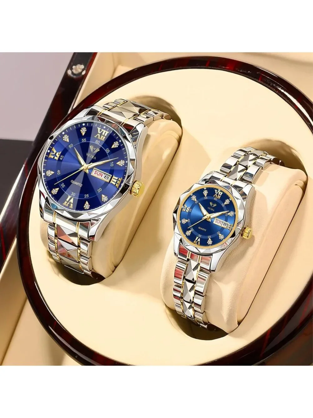 Men Women's Two tone band and Blue dial Watches Set Luxury Diamond for Couple